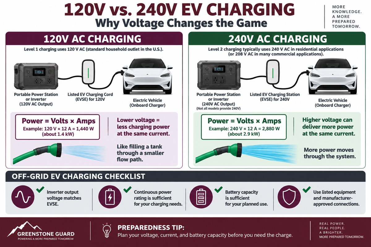 GreenStone Guard diagram comparing 120V and 240V off-grid EV charging