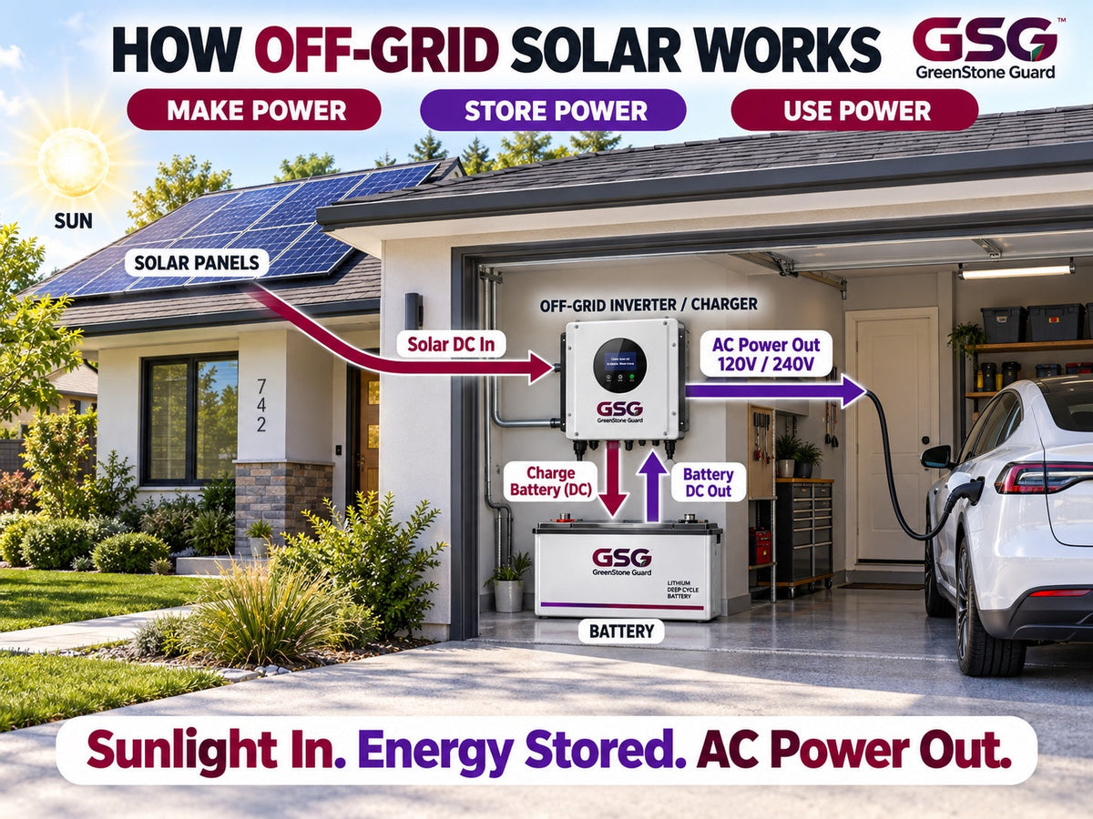 How off-grid solar works: solar panels charge a battery through an off-grid inverter charger, which powers an electric vehicle.