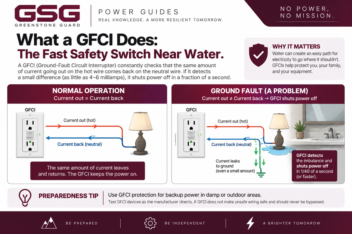 Simple GreenStone Guard diagram showing normal GFCI operation and a ground fault
