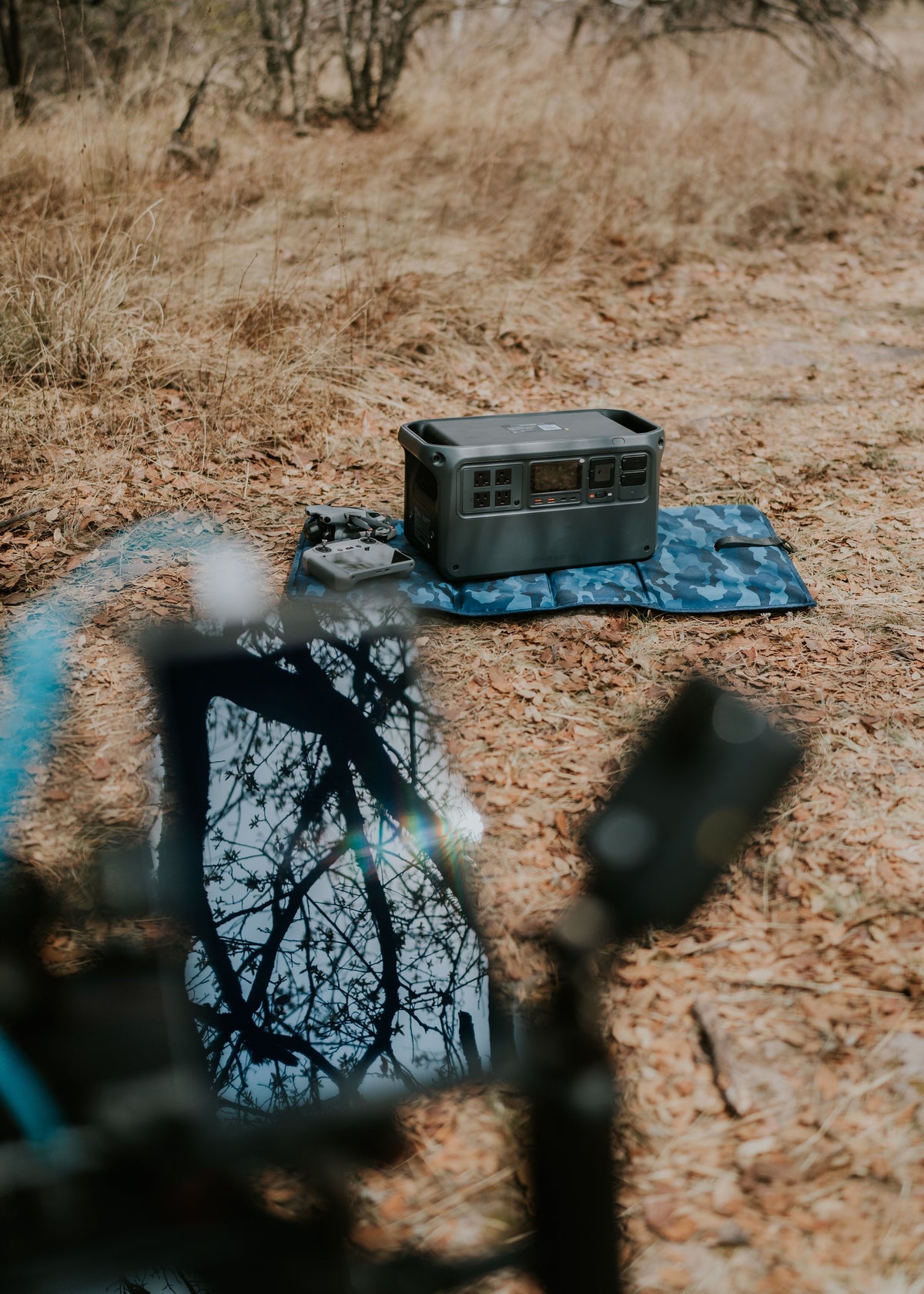 Portable power station with a solar panel in an outdoor setting