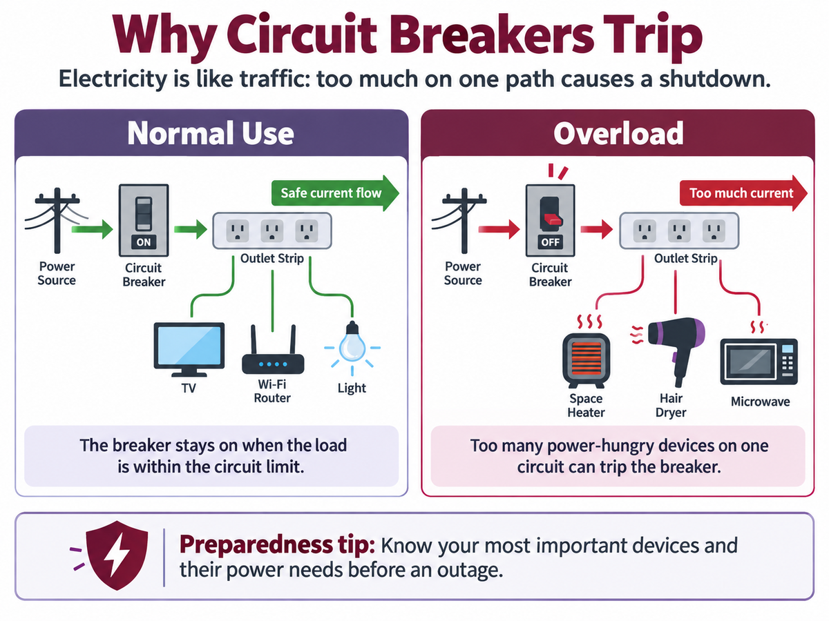 Simple diagram showing normal electrical use versus an overloaded circuit breaker