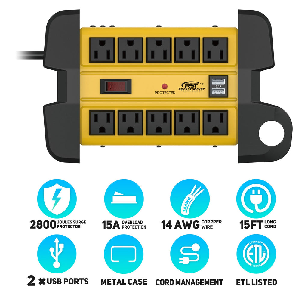 CRST 10-Outlet Metal Power Strip Surge Protector, 2800 Joules, 15ft with Cord Management-3