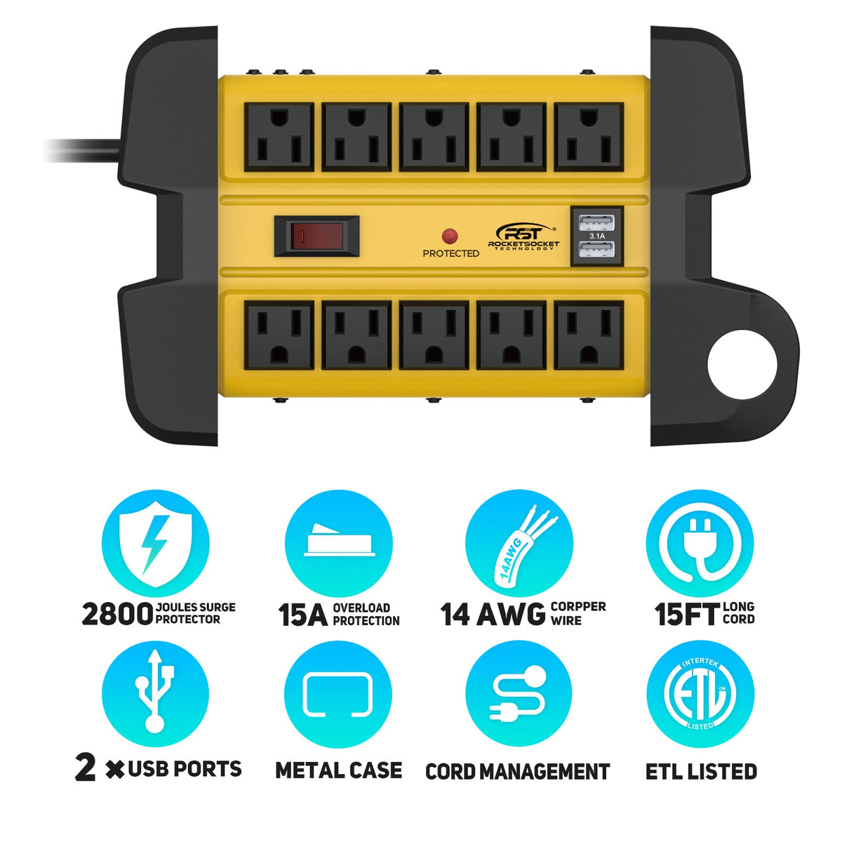 CRST 10-Outlet Metal Power Strip Surge Protector, 2800 Joules, 15ft with Cord Management-3