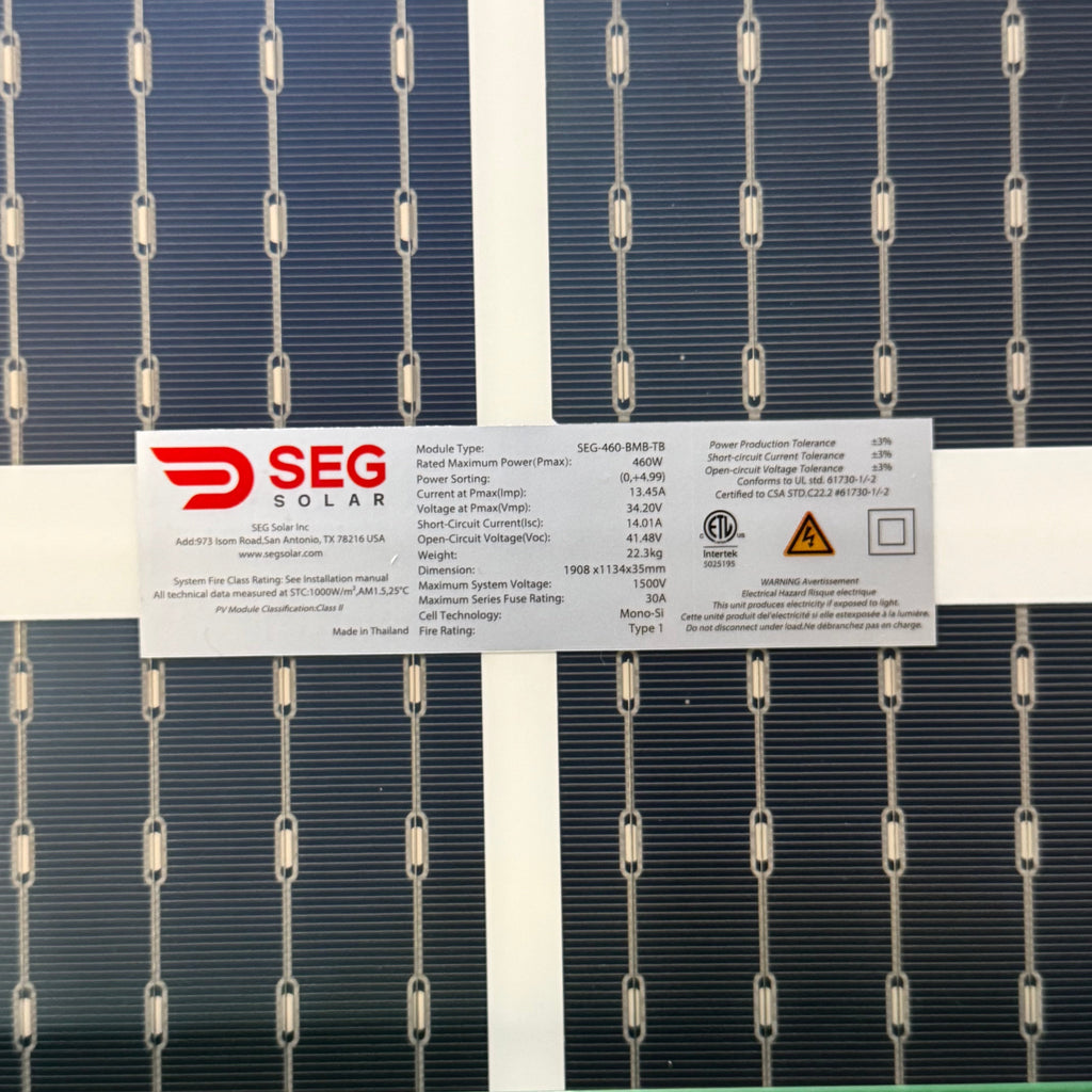 (Clearance) 460W Solar Panel Module Black 75" L x 45" H x 1.5" W SEG-460-BMB-TB