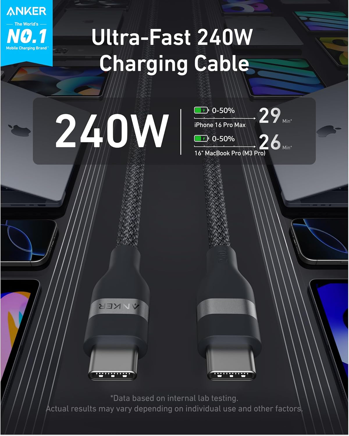 Anker USB-C to USB-C Cable (3 ft / 6 ft / 10 ft, 240W, Upcycled-Braided)