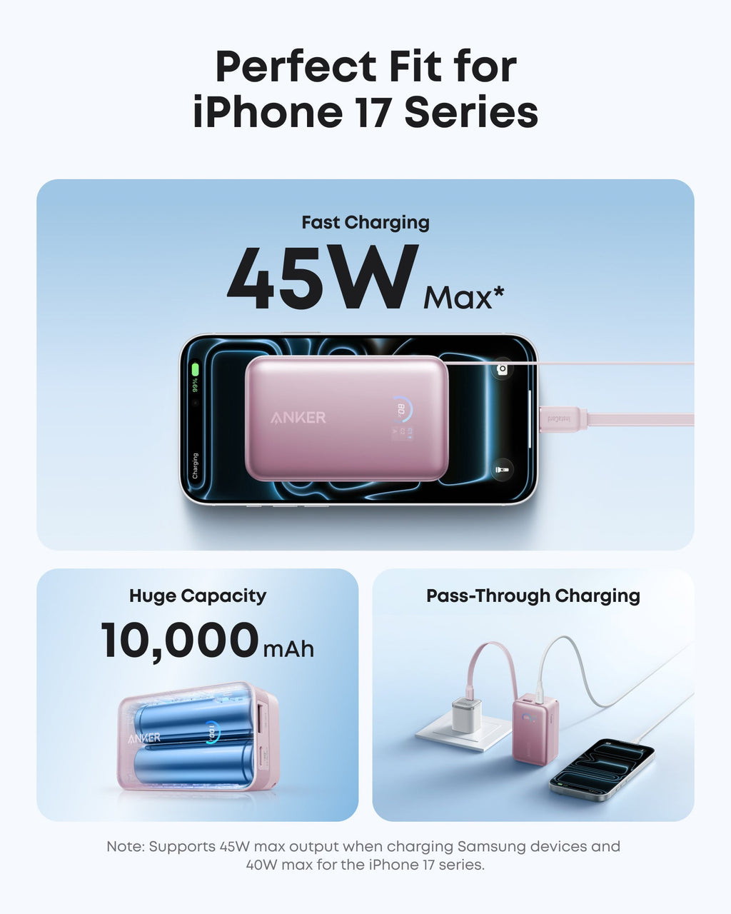 Anker Nano 10K 45W - Pink Aura capacity and USB-C charging illustration