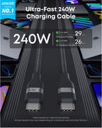 Anker USB-C to USB-C Cable (3 ft / 6 ft / 10 ft, 240W, Upcycled-Braided)