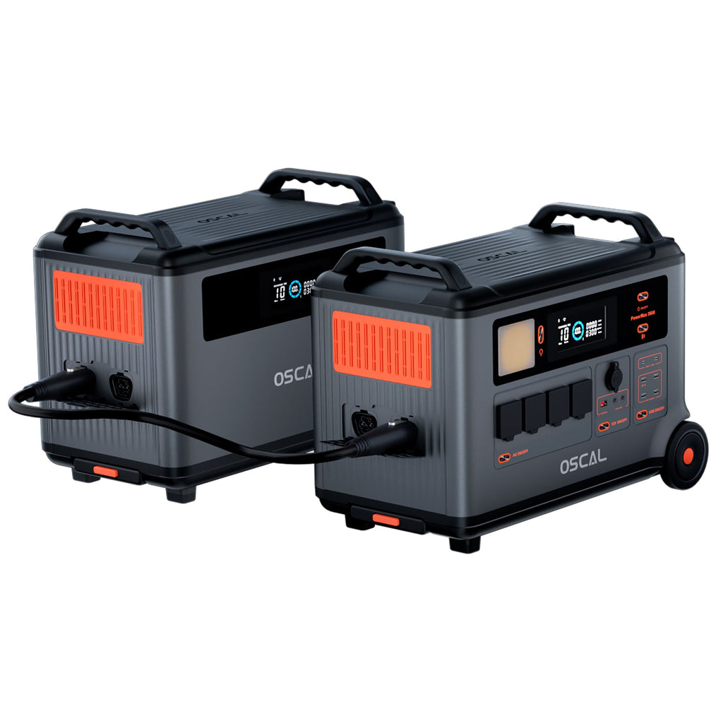 OSCAL BP3600 expansion battery stacked with PowerMax station