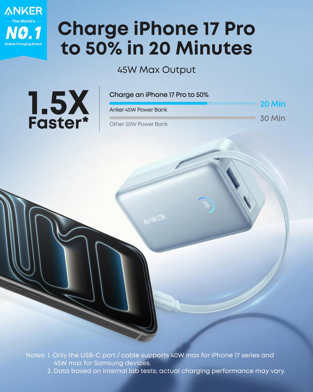 Anker Nano 10K 45W - Misty Blue phone charging illustration