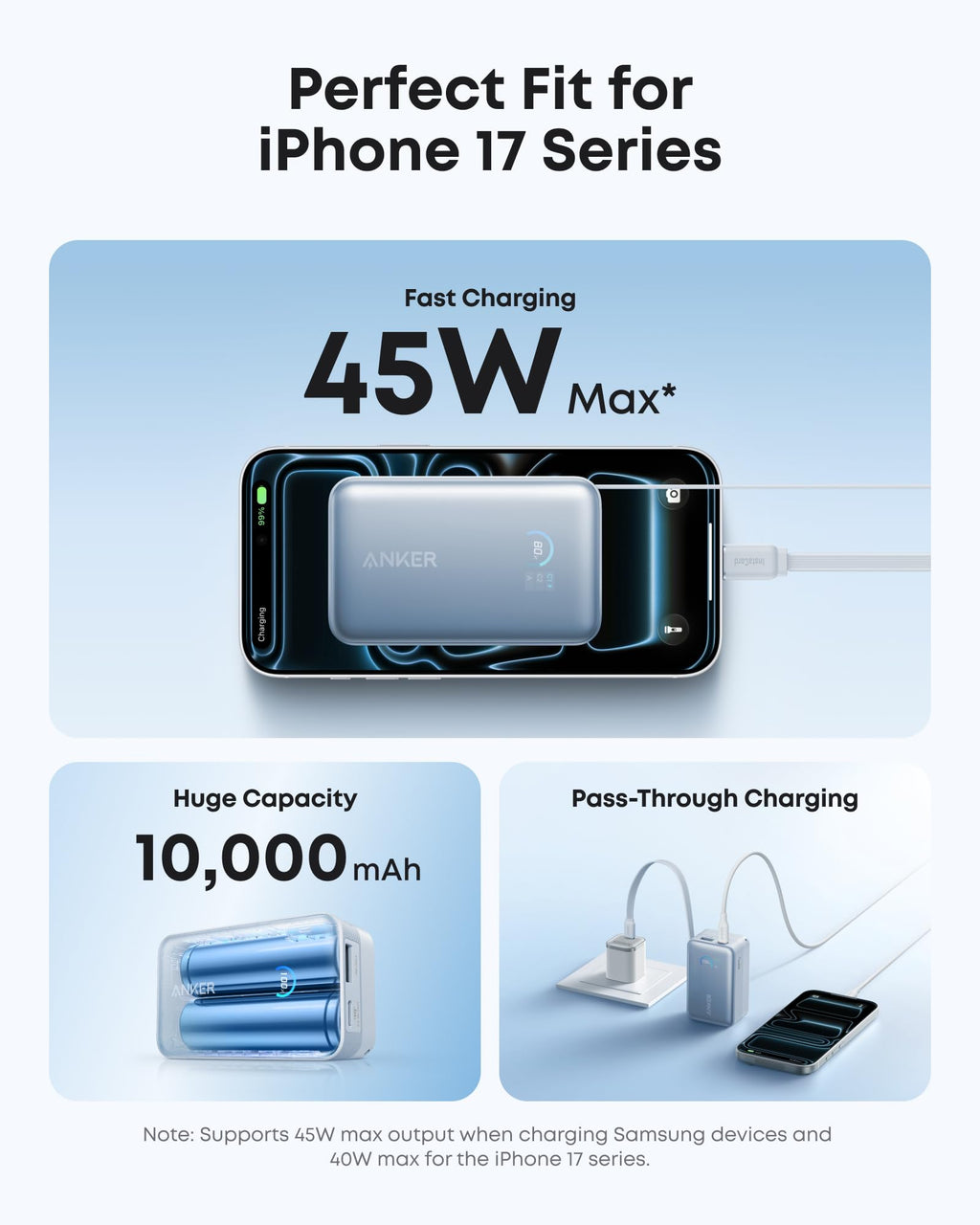 Anker Nano 10K 45W - Misty Blue capacity and USB-C charging illustration