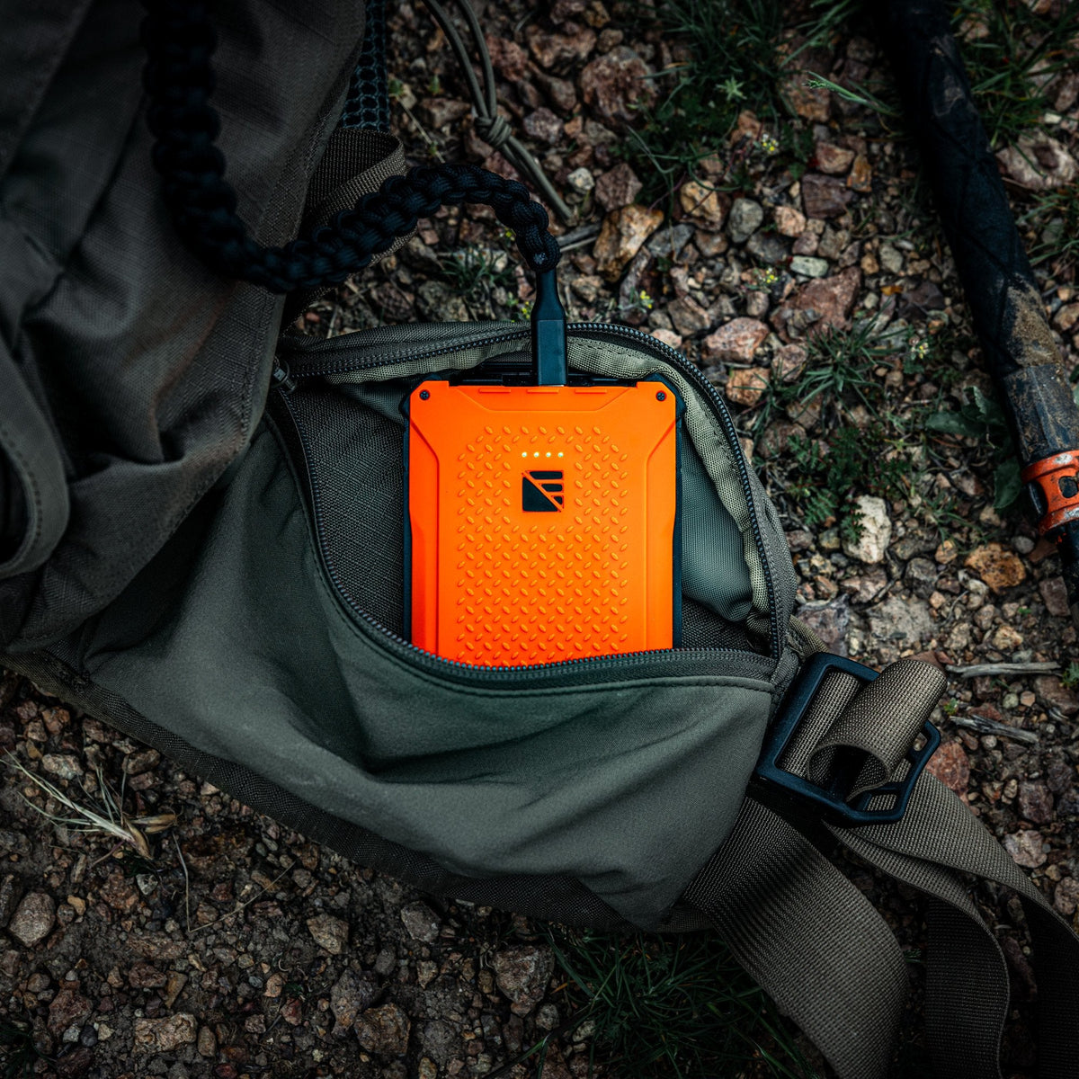 Dark Energy Poseidon Pro - Hi-Vis Orange power bank in an outdoor backpack