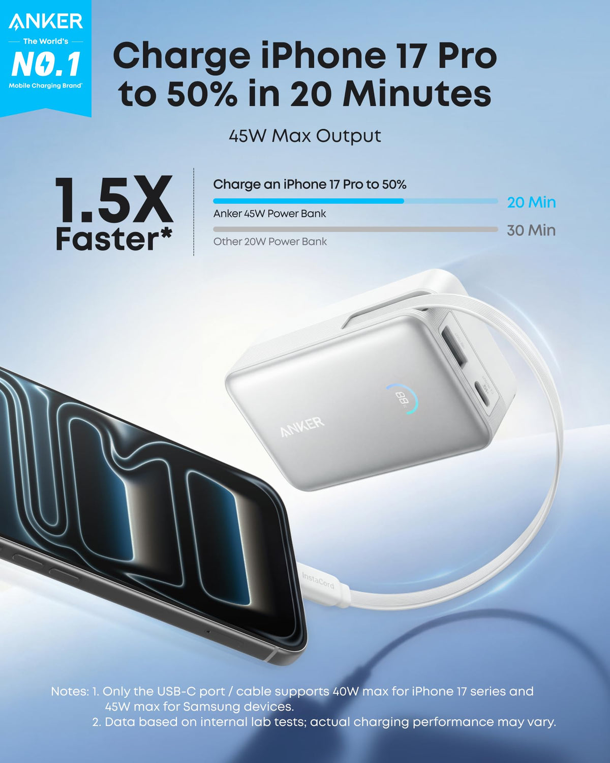 Anker Nano 10K 45W - Aurora White phone charging illustration