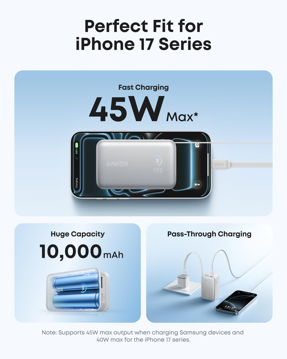 Anker Nano 10K 45W - Aurora White capacity and USB-C charging illustration