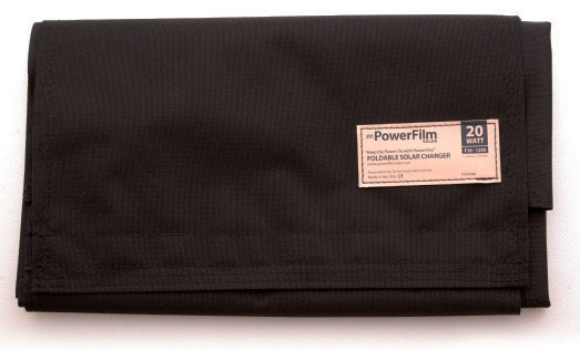 PowerFilm F16-1200 20W solar panel folded for storage — manufacturer photograph